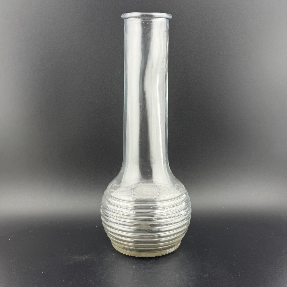 Vintage Clear Glass Bud Vase 8.5" Ribbed Beehive Base Long Neck USA Pattern